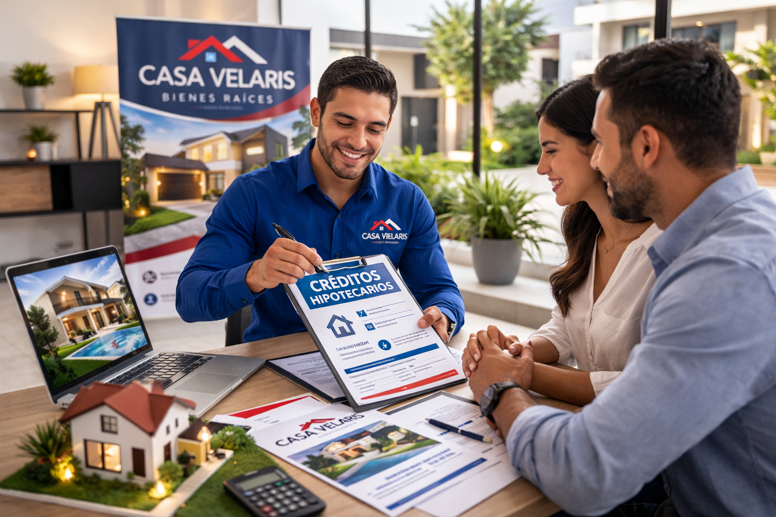 asesor inmobiliario de casa velaris explicando sobre creditos hipotecarios