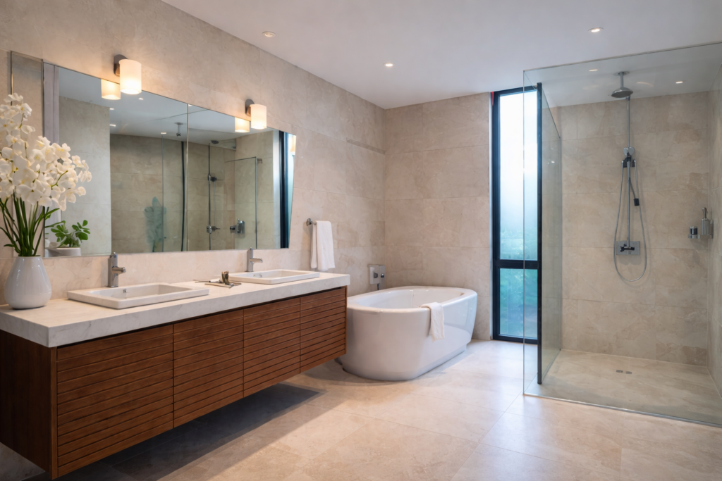 baño moderno y clasico con tina de baño y 2 lavabos en placa de marmol