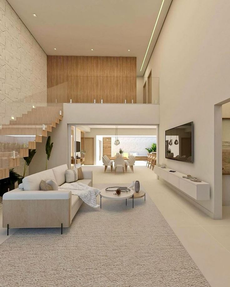 espacio de sala moderna con escaleras de madera