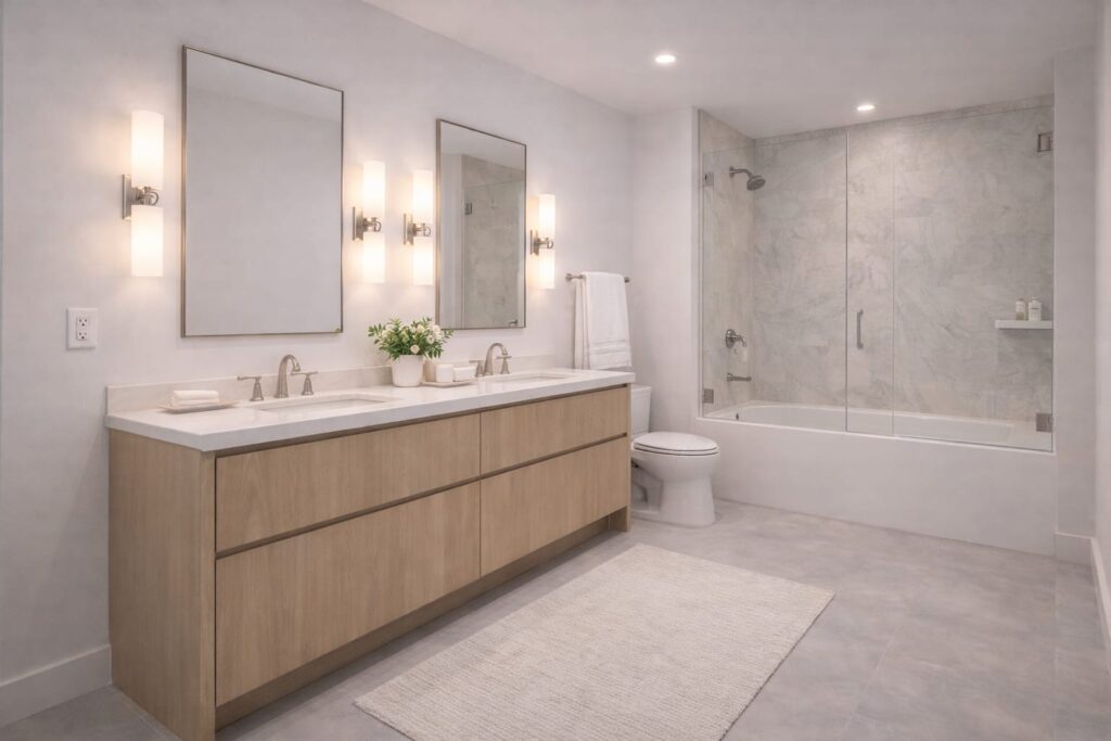 baño común en tonos blancos con tonos blancos, placa de marmol y madera