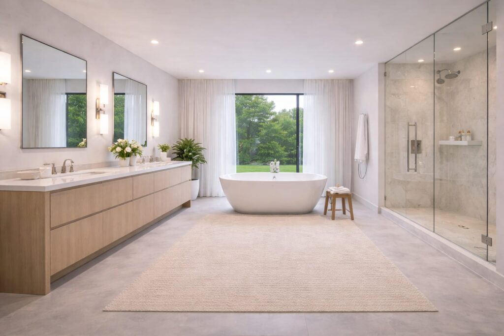 baño principal de lujo con tina y dos lavabos, con ventanal