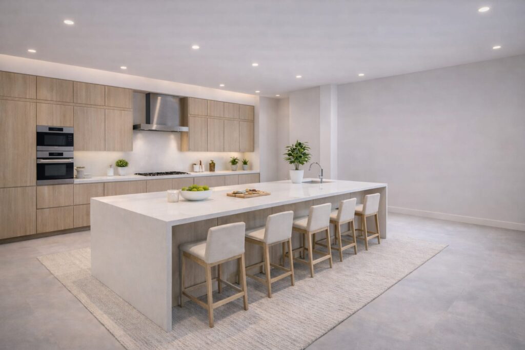 cocina moderna con isla en tonos blancos y madera de casa zafiro