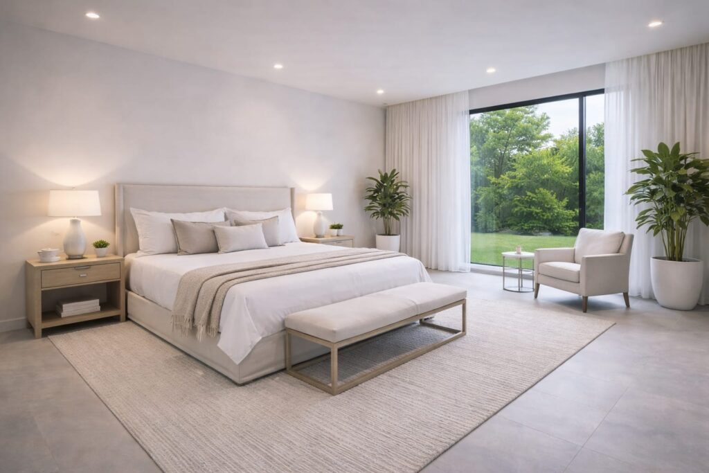 recamara principal de casa zafiro con cama king size en tonos blancos y beige