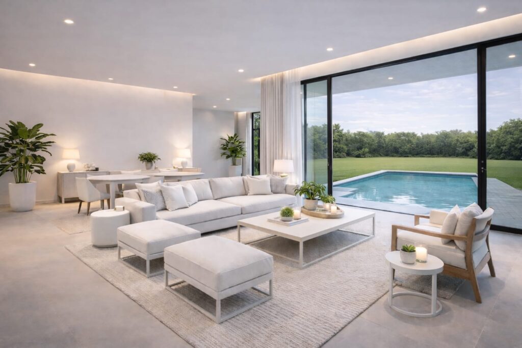 sala moderna en tonos blancos de casa zarifo